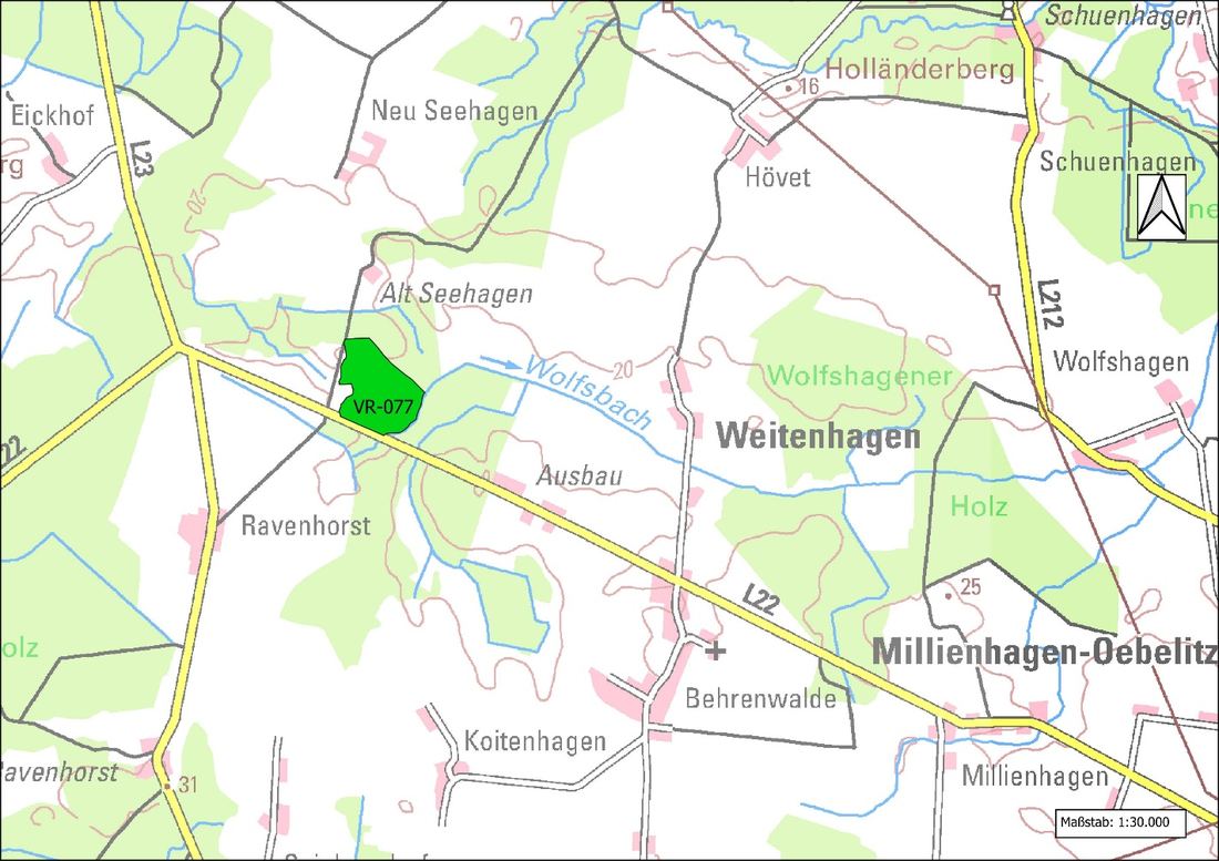 Lagekarte der Maßnahmenfläche VR-077 bei Alt Seehagen, Landkreis Vorpommern-Rügen, Maßstab 1:30.000